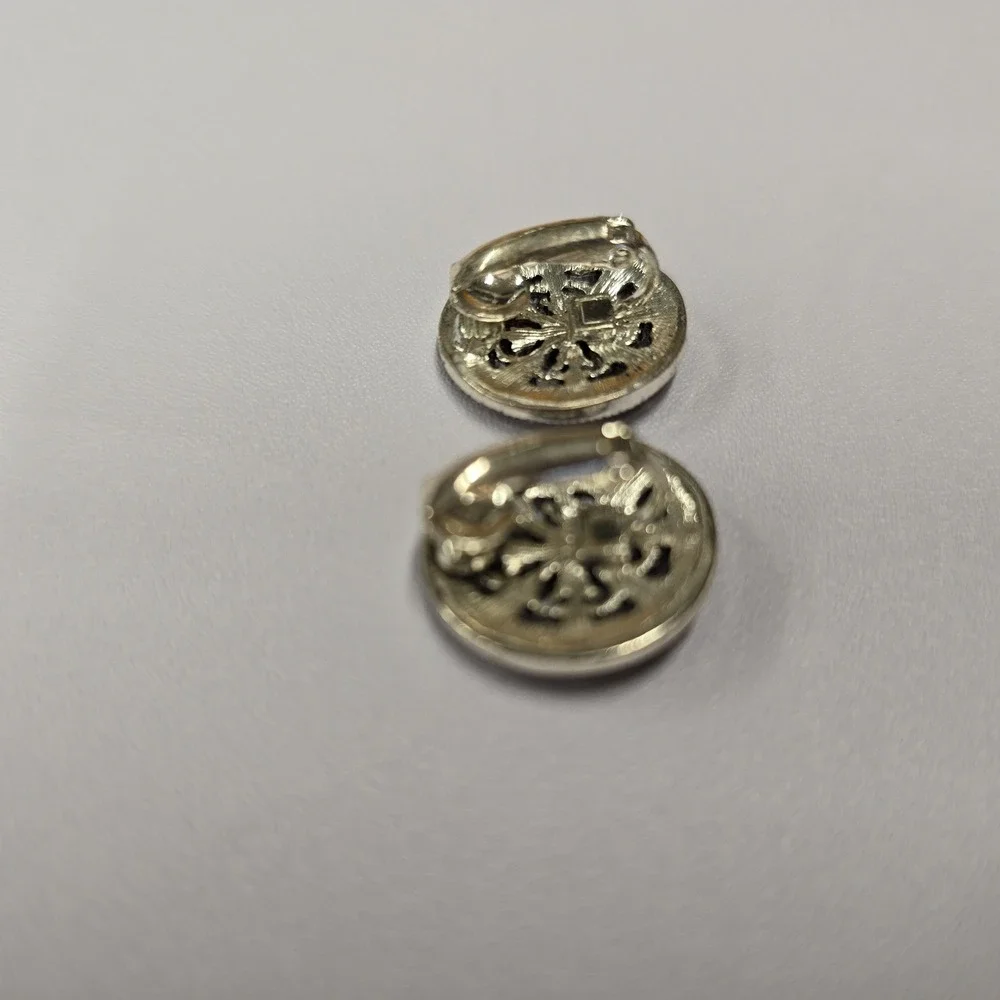 Vintage Round Filigree Marcasite‎ Clip On Earrings Silver Tone Art Deco Style